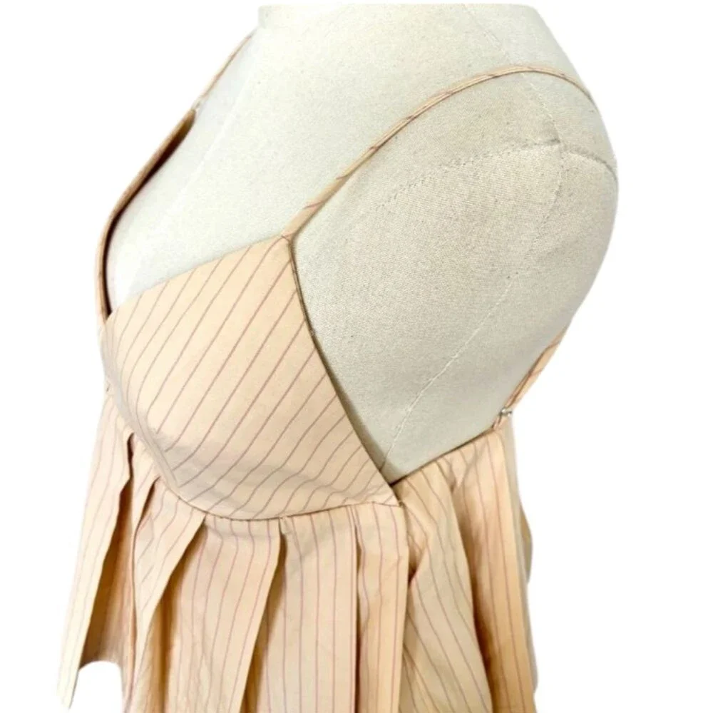 Zara Tank Top Pinstriped Crop Babydoll Peplum V Neck Straps Cotton Cream Pink S - Picture 5 of 10